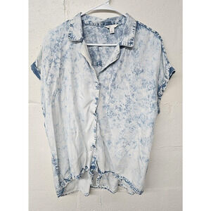 Cato Womens Blue Chambray Acid Wash Shirt Large Short Sleeve Top Tie Cinch